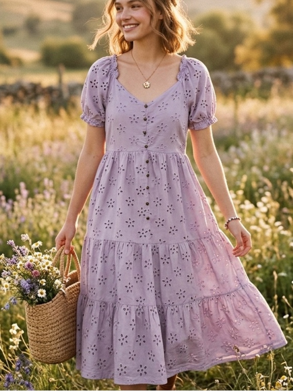 böhme Lavender Cotton Eyelet MidiDress Puff Sleeve Tiered Pastel Boho/Coquette S